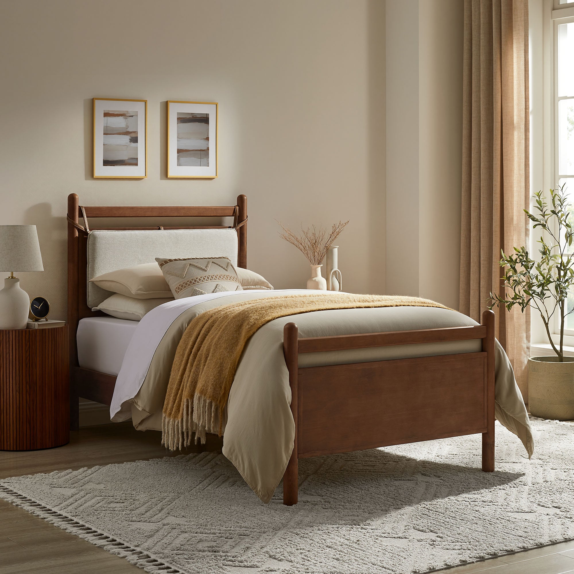 Leni Twin Size Wood Platform Bed Frame - Walnut Heathered Ivory