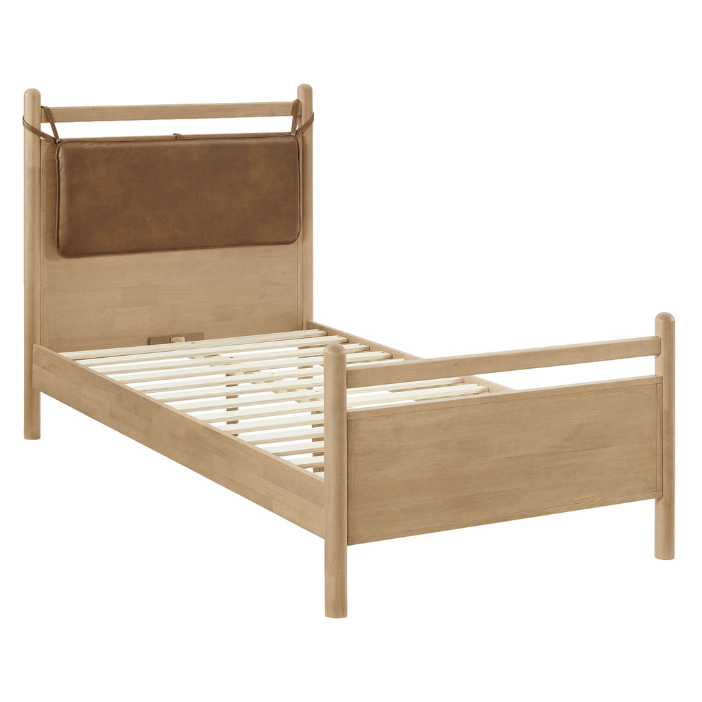 Leni Twin Size Vegan Leather and Wood Platform Bed Frame - Light Oak Canyon