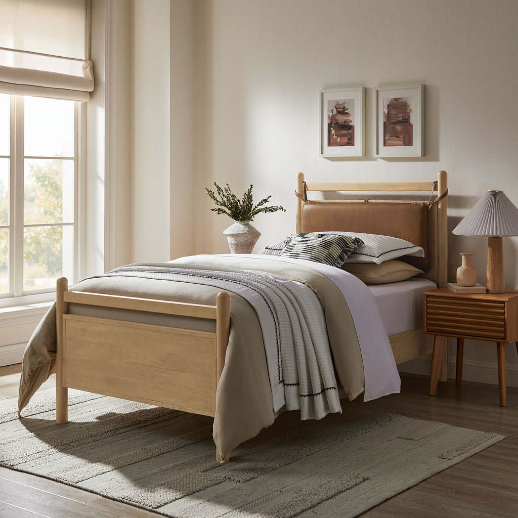 Leni Twin Size Vegan Leather and Wood Platform Bed Frame - Light Oak Canyon