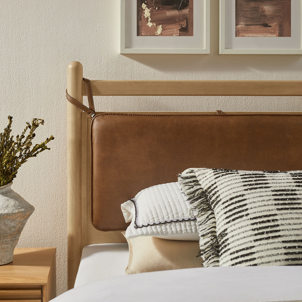Leni Twin Size Vegan Leather and Wood Platform Bed Frame - Light Oak Canyon