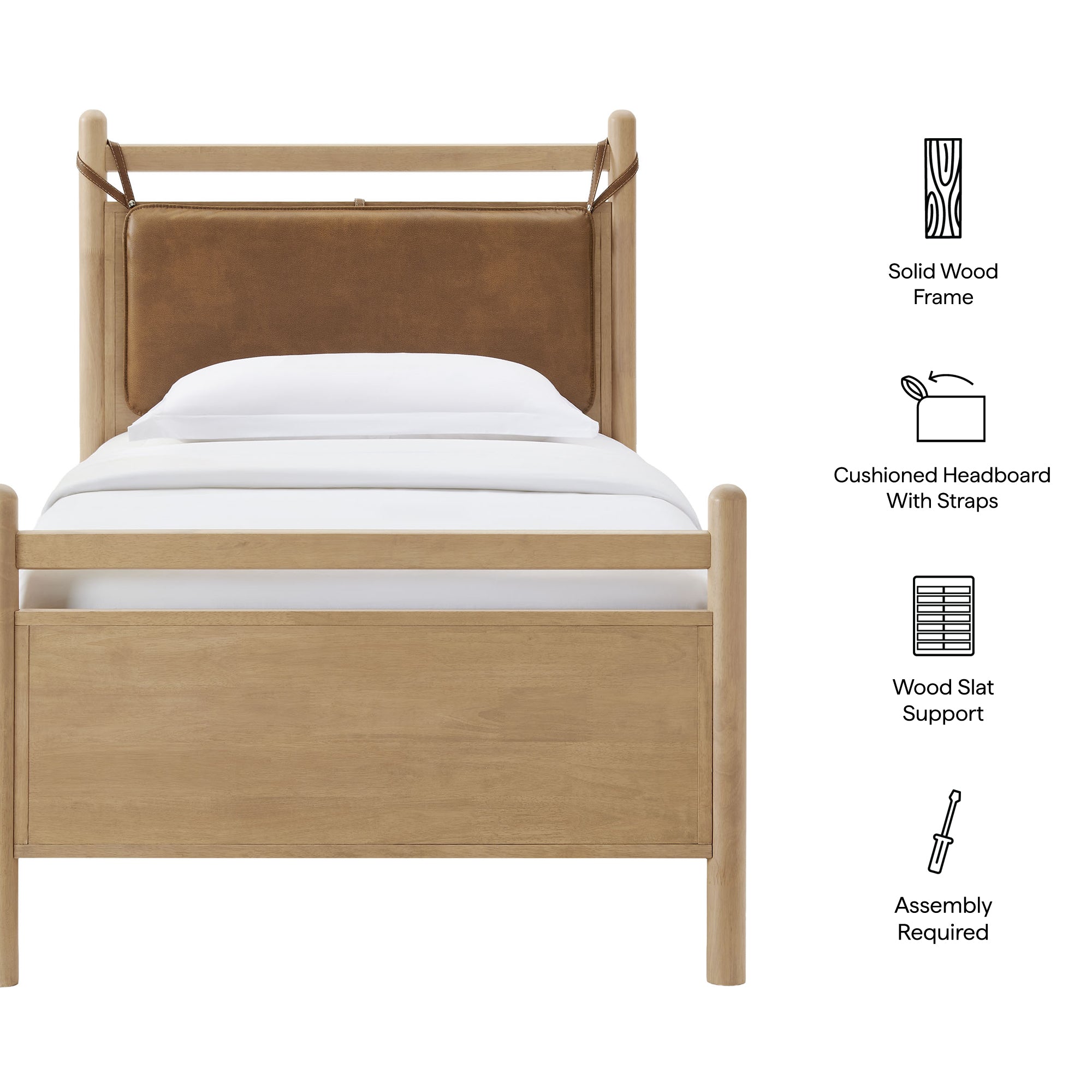 Leni Twin Size Vegan Leather and Wood Platform Bed Frame - Light Oak Canyon