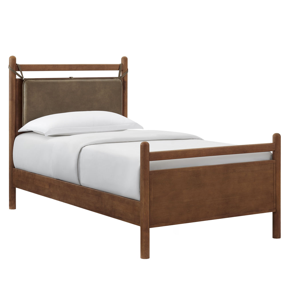 Leni Twin Size Vegan Leather and Wood Platform Bed Frame - Walnut Mushroom