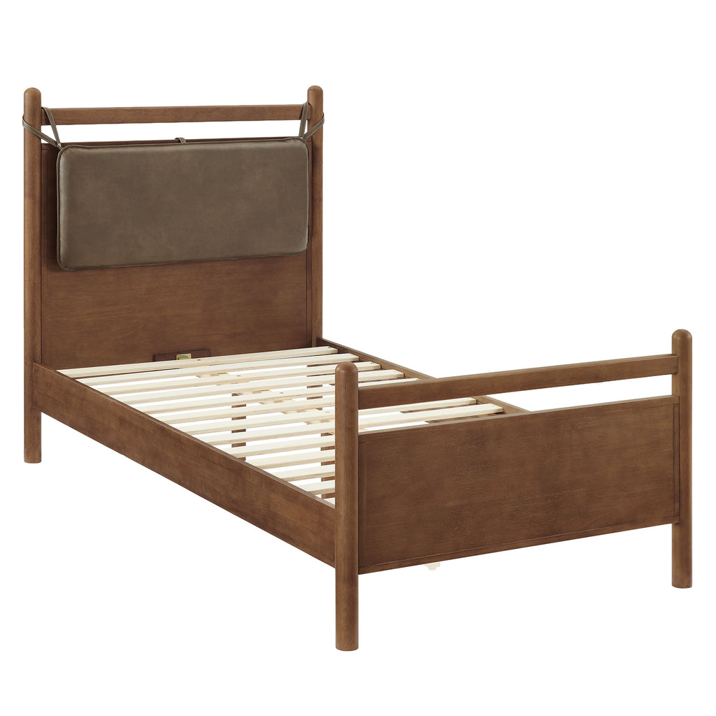 Leni Twin Size Vegan Leather and Wood Platform Bed Frame - Walnut Mushroom
