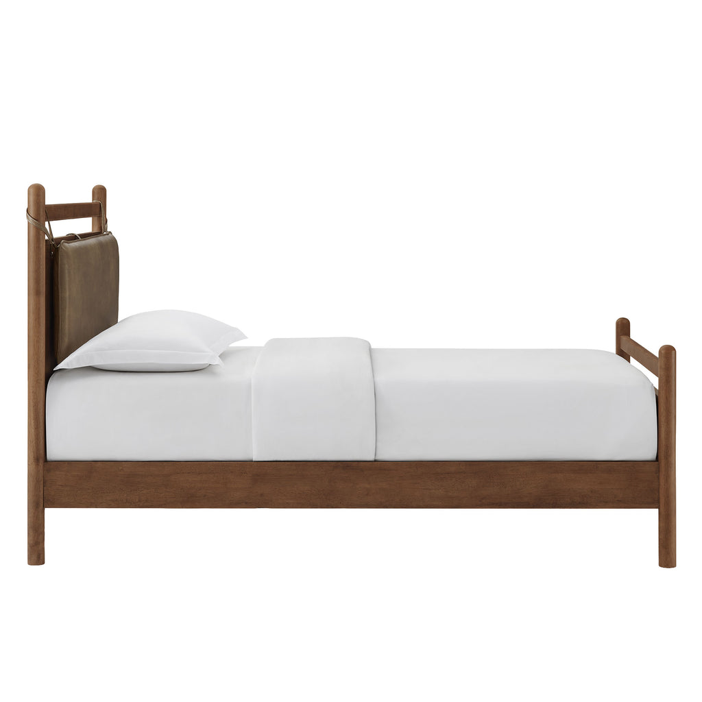 Leni Twin Size Vegan Leather and Wood Platform Bed Frame - Walnut Mushroom