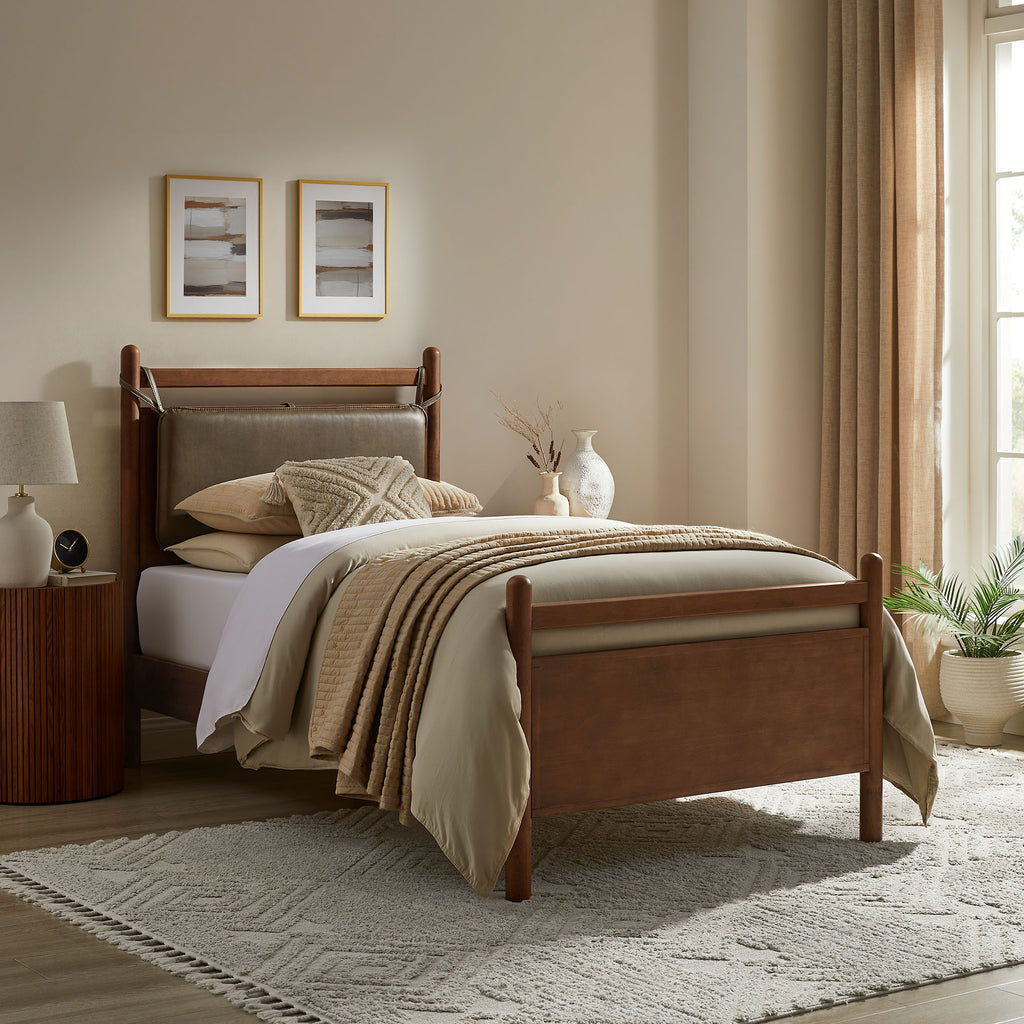 Leni Twin Size Vegan Leather and Wood Platform Bed Frame - Walnut Mushroom