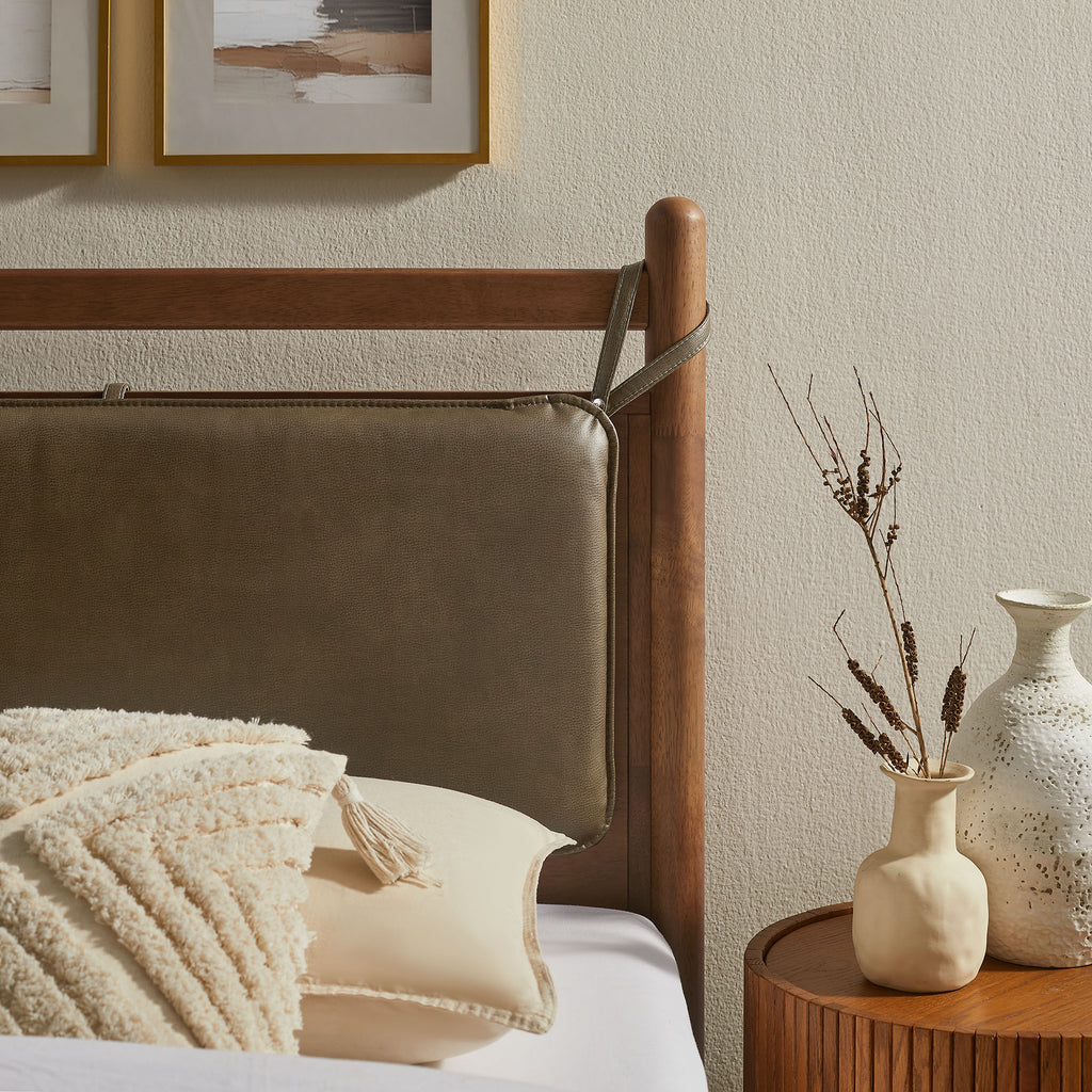 Leni Twin Size Vegan Leather and Wood Platform Bed Frame - Walnut Mushroom