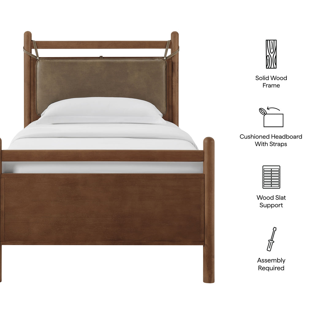 Leni Twin Size Vegan Leather and Wood Platform Bed Frame - Walnut Mushroom