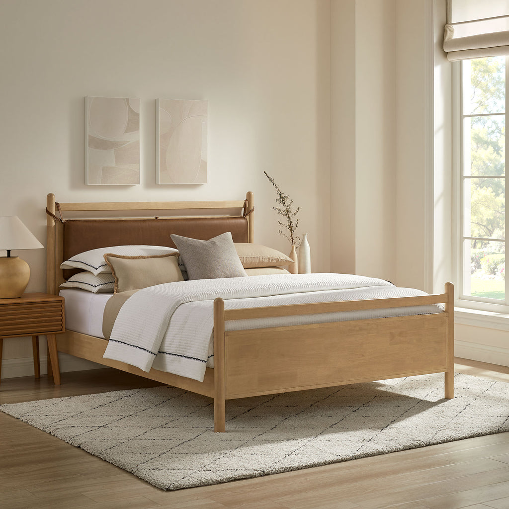 Leni Full Size Vegan Leather and Wood Platform Bed Frame - Light Oak Canyon