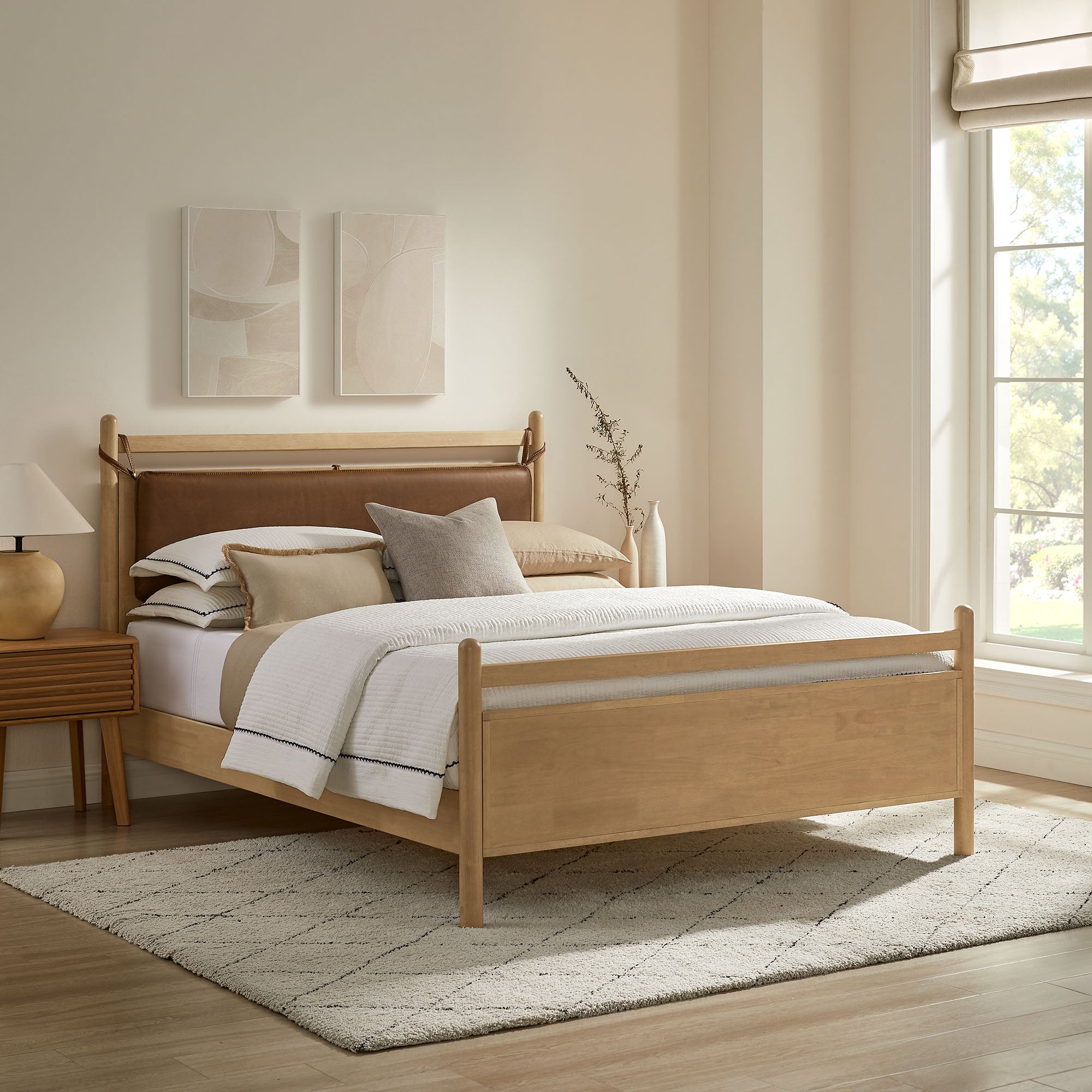 Leni Full Size Vegan Leather and Wood Platform Bed Frame - Light Oak Canyon