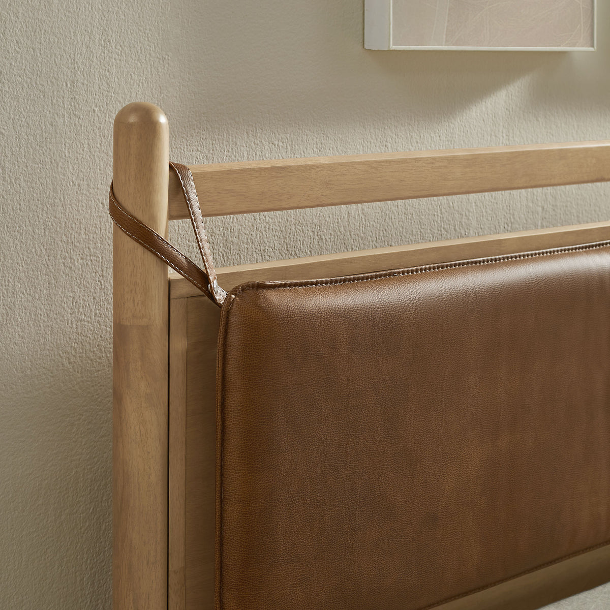 Leni Full Size Vegan Leather and Wood Platform Bed Frame - Light Oak Canyon