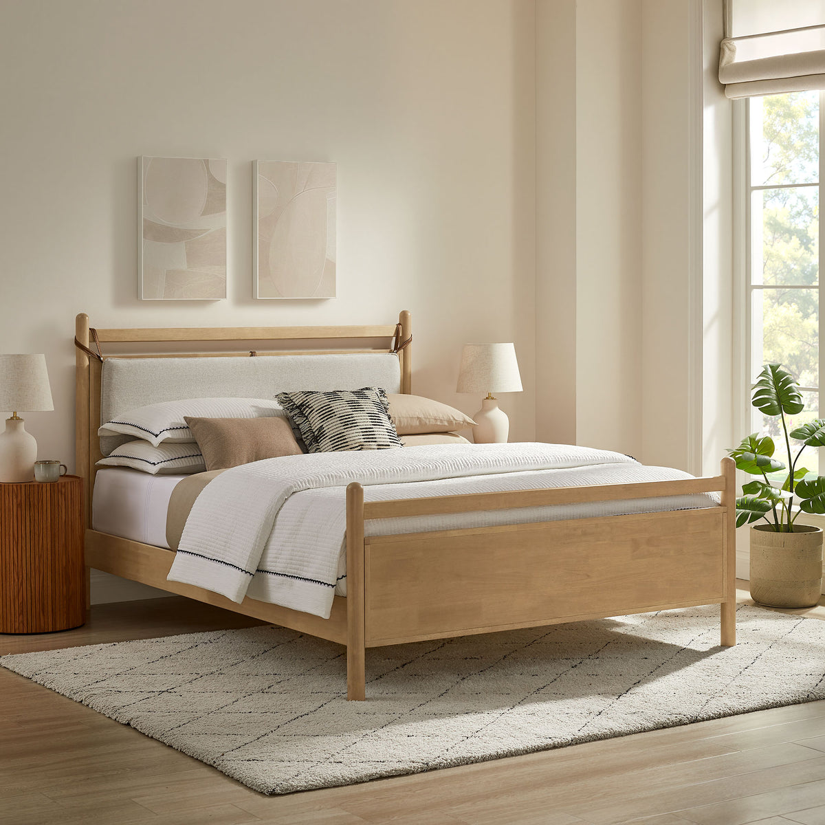 Leni Queen Size Wood Platform Bed Frame - Light Oak Heathered Ivory