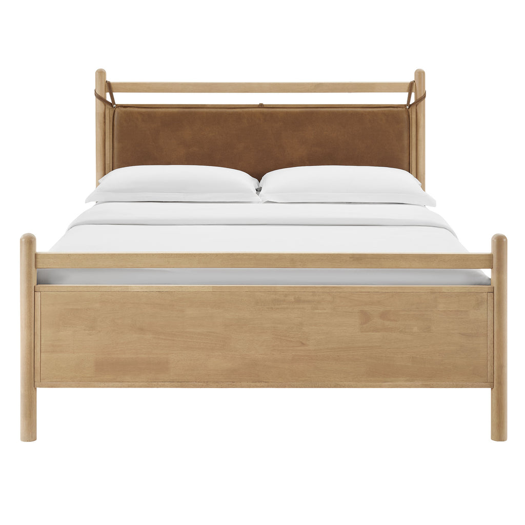 Leni Queen Size Vegan Leather and Wood Platform Bed Frame - Light Oak Canyon