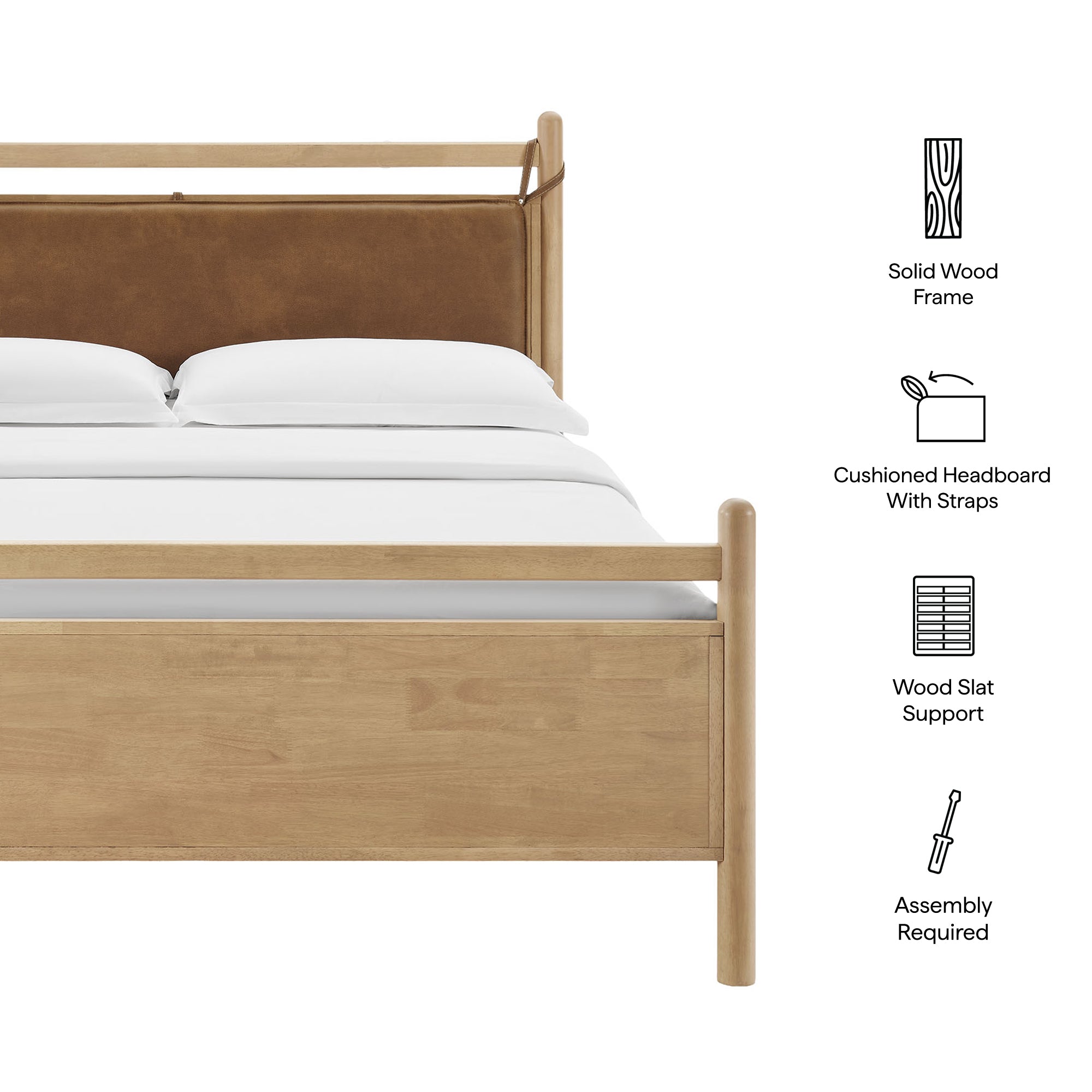 Leni Queen Size Vegan Leather and Wood Platform Bed Frame - Light Oak Canyon
