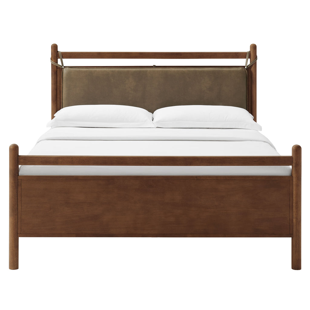 Leni Queen Size Vegan Leather and Wood Platform Bed Frame - Walnut Mushroom