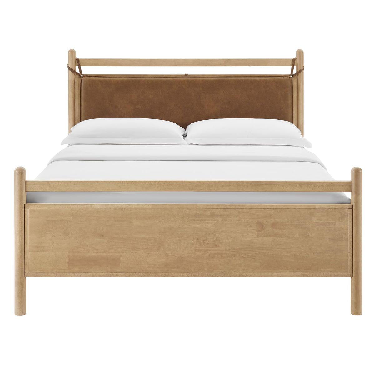 Leni King Size Vegan Leather and Wood Platform Bed Frame - Light Oak Canyon