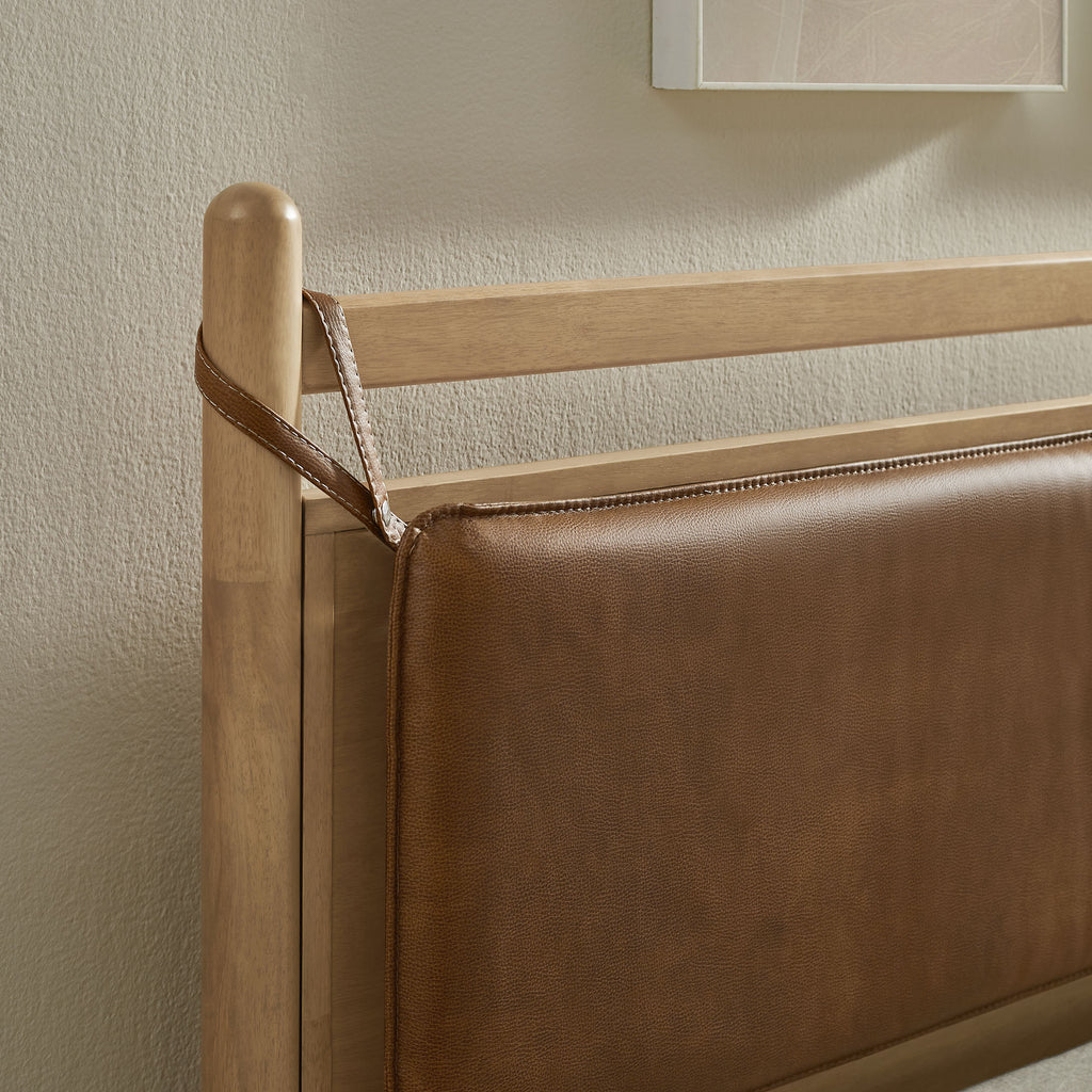 Leni King Size Vegan Leather and Wood Platform Bed Frame - Light Oak Canyon