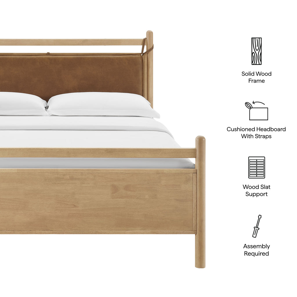 Leni King Size Vegan Leather and Wood Platform Bed Frame - Light Oak Canyon