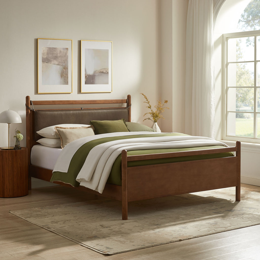Leni King Size Vegan Leather and Wood Platform Bed Frame - Walnut Mushroom