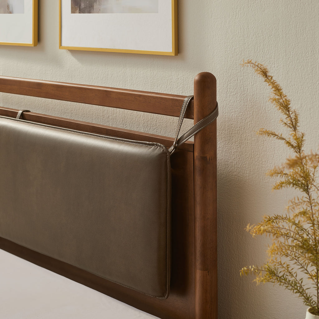 Leni King Size Vegan Leather and Wood Platform Bed Frame - Walnut Mushroom