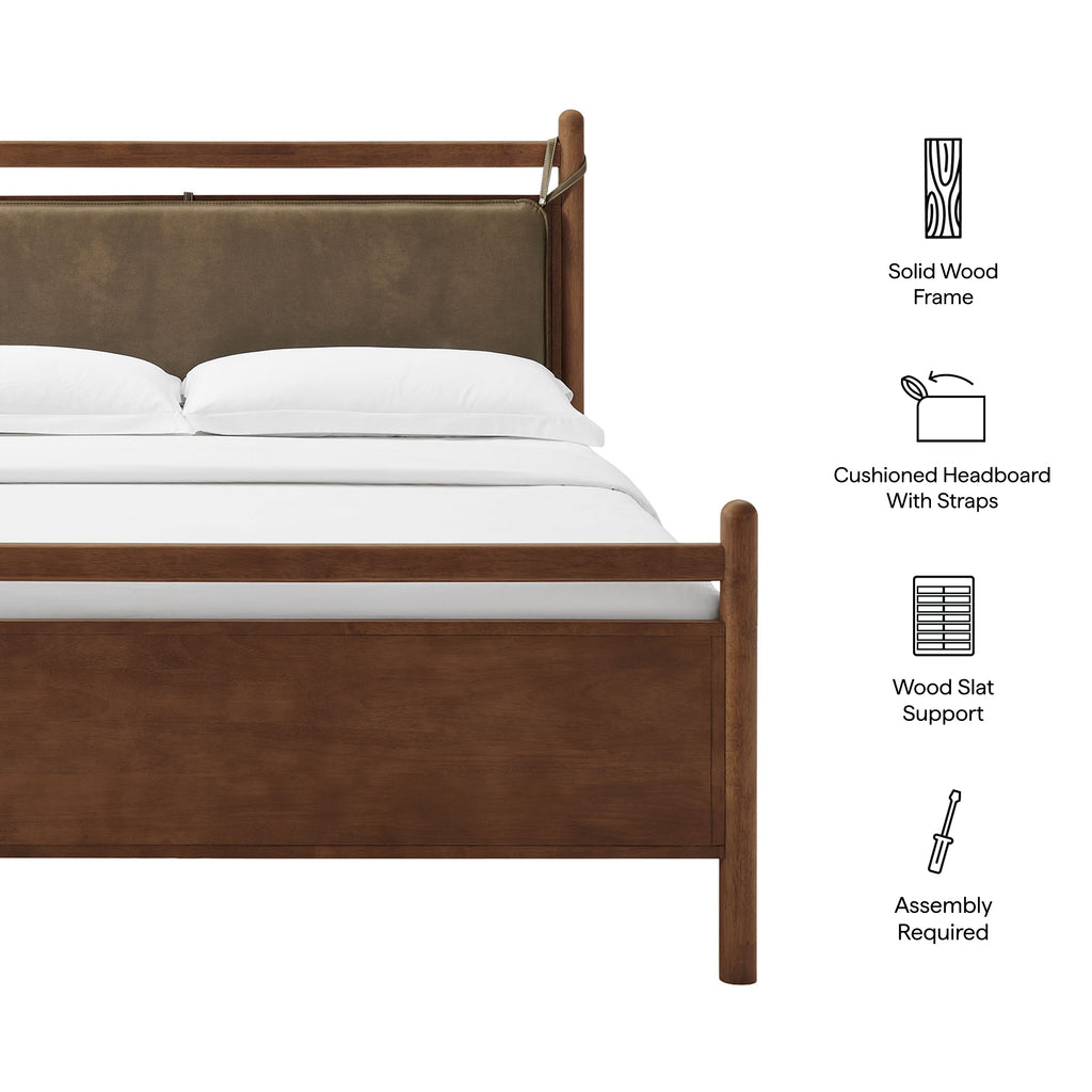Leni King Size Vegan Leather and Wood Platform Bed Frame - Walnut Mushroom