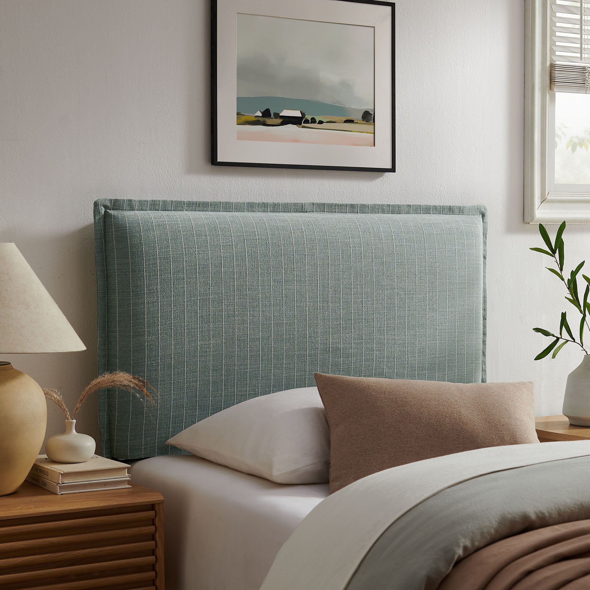 Camille Striped Linen Blend Twin Size Headboard - Spa Blue Stripe