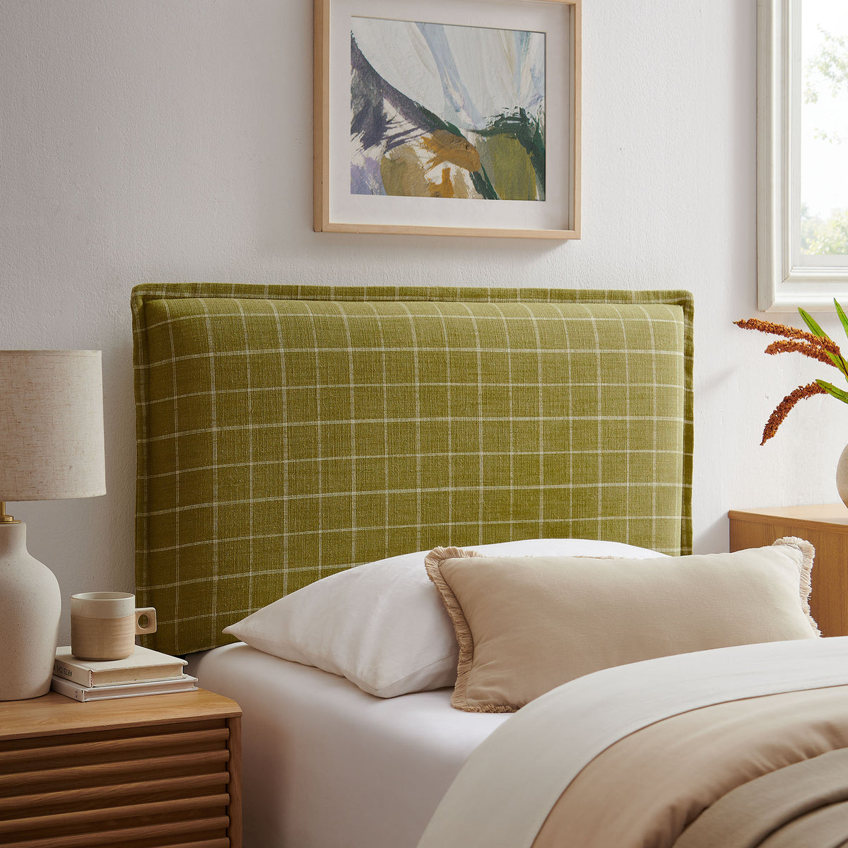 Camille Checkered Linen Blend Twin Size Headboard - Artichoke Windowpane Check