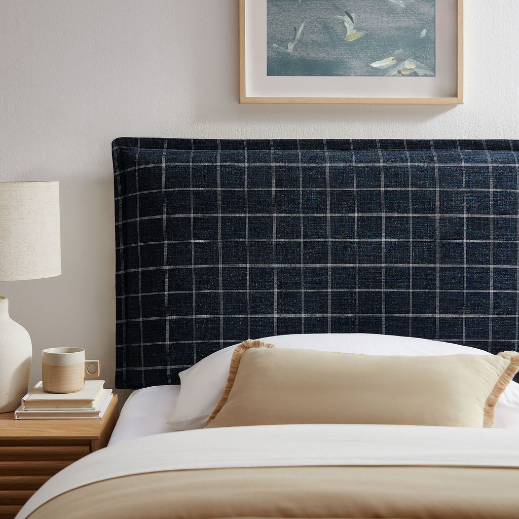 Camille Checkered Linen Blend Twin Size Headboard - Denim Windowpane Check