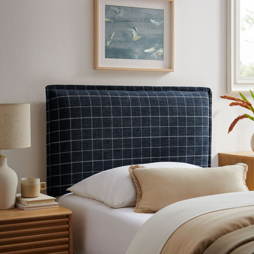 Camille Checkered Linen Blend Twin Size Headboard - Denim Windowpane Check