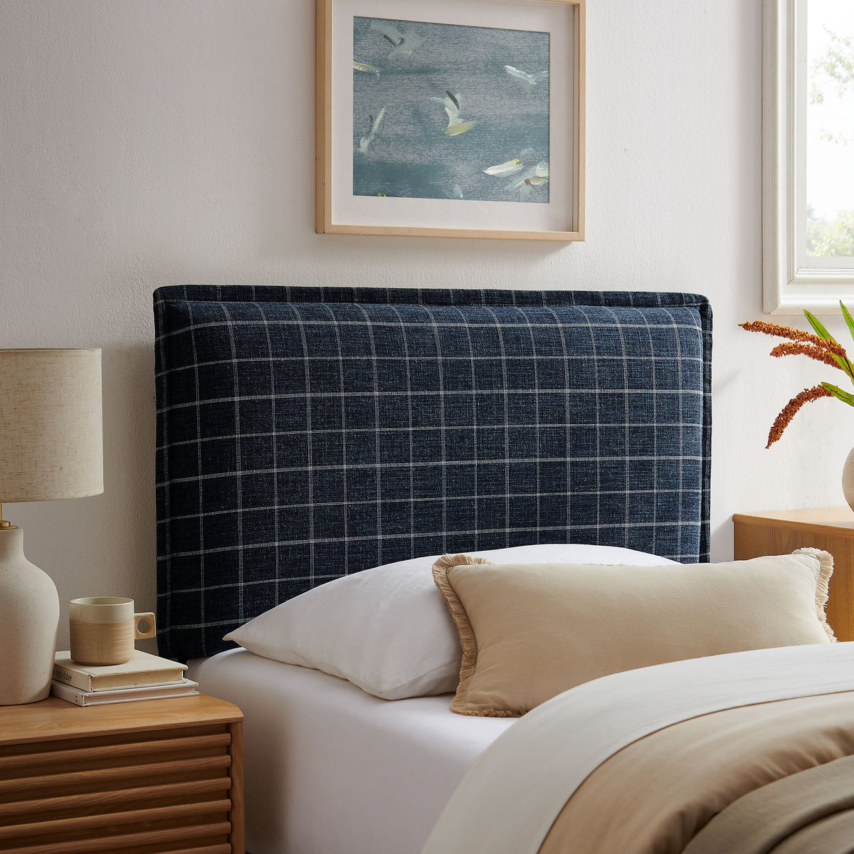 Camille Checkered Linen Blend Twin Size Headboard - Denim Windowpane Check