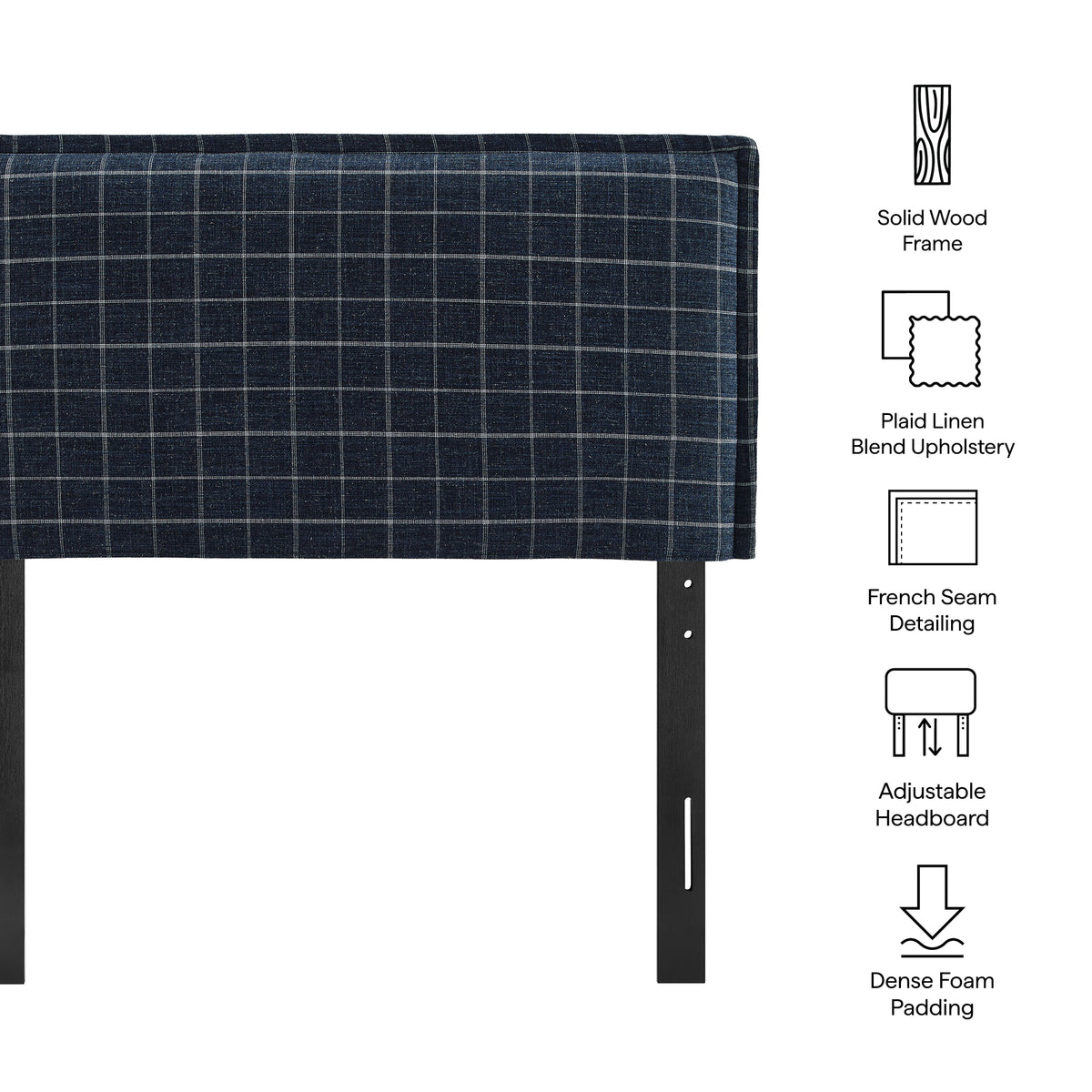 Camille Checkered Linen Blend Twin Size Headboard - Denim Windowpane Check