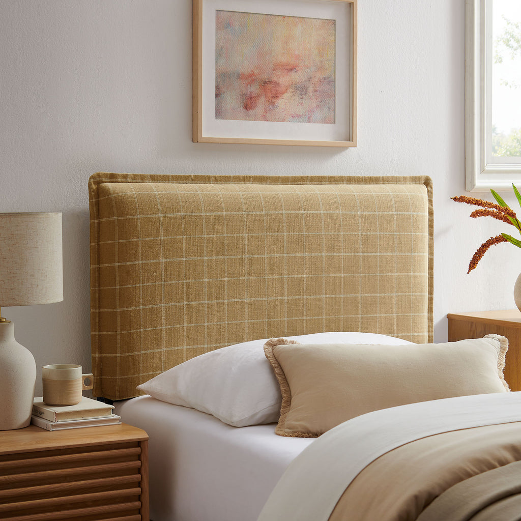 Camille Checkered Linen Blend Twin Size Headboard - Hemp Windowpane Check