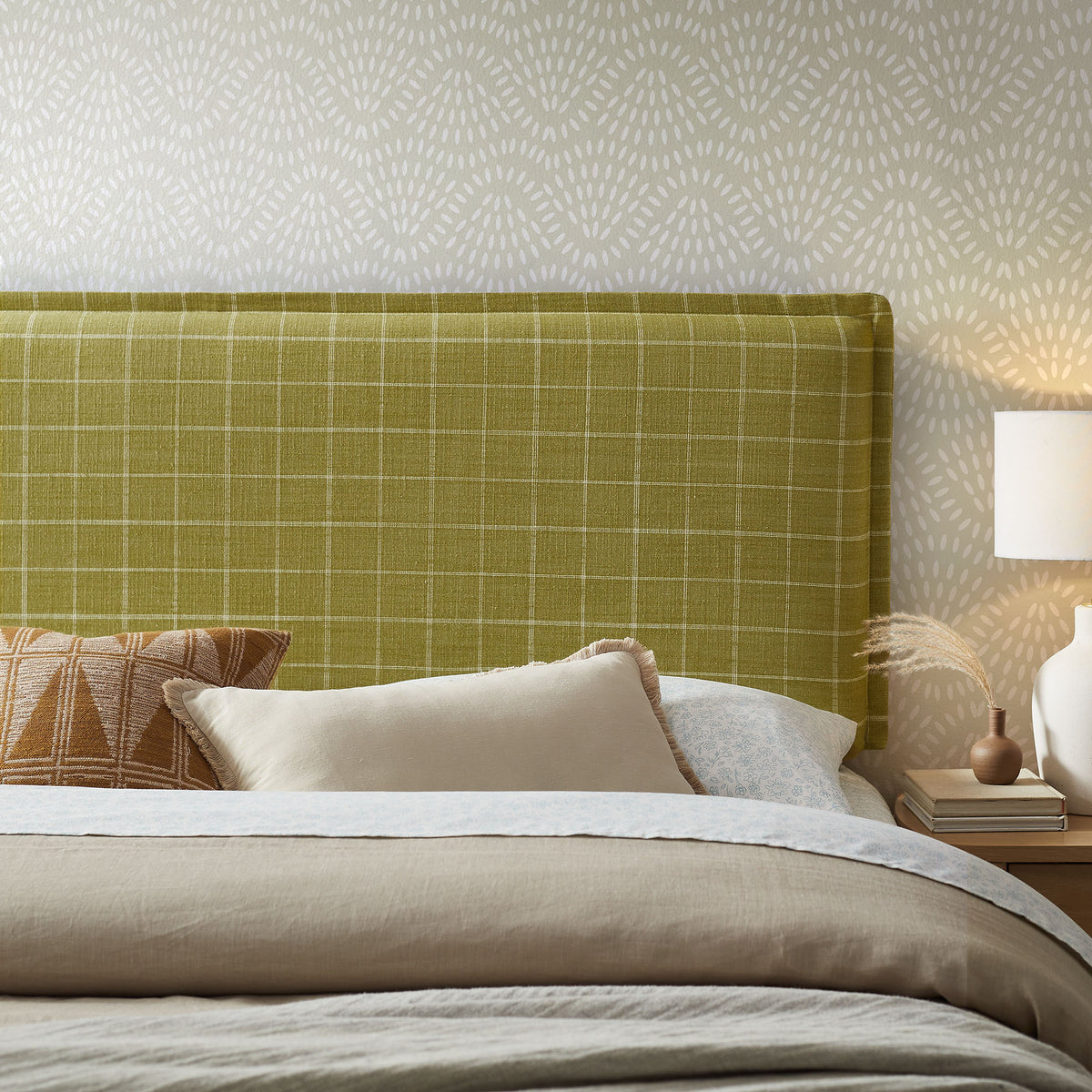 Camille Checkered Linen Blend Queen Size Headboard - Artichoke Windowpane Check