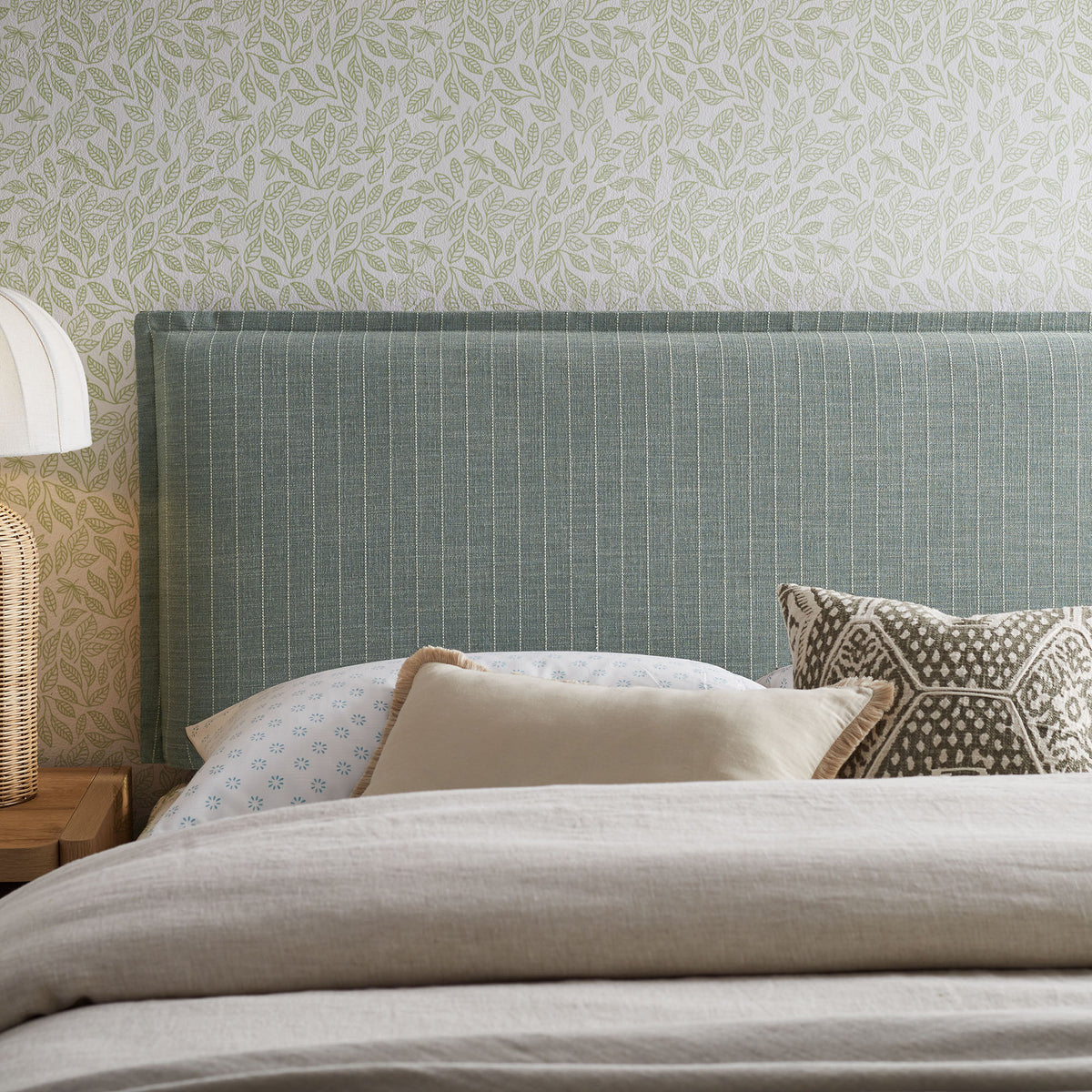 Camille Striped Linen Blend King Size Headboard - Spa Blue Stripe