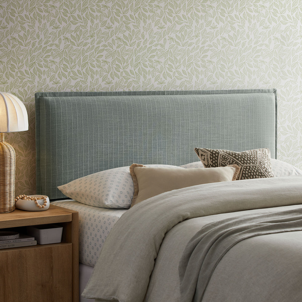 Camille Striped Linen Blend King Size Headboard - Spa Blue Stripe