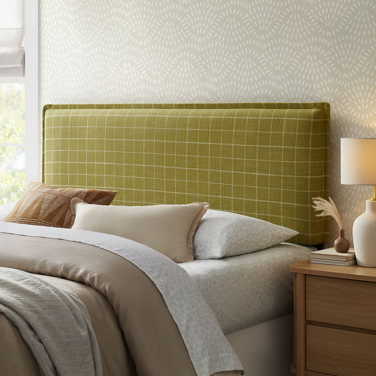 Camille Checkered Linen Blend King Size Headboard - Artichoke Windowpane Check