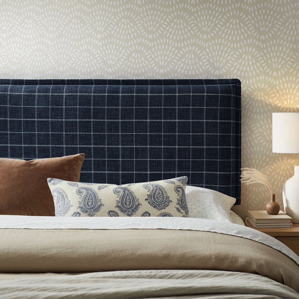 Camille Checkered Linen Blend King Size Headboard - Denim Windowpane Check