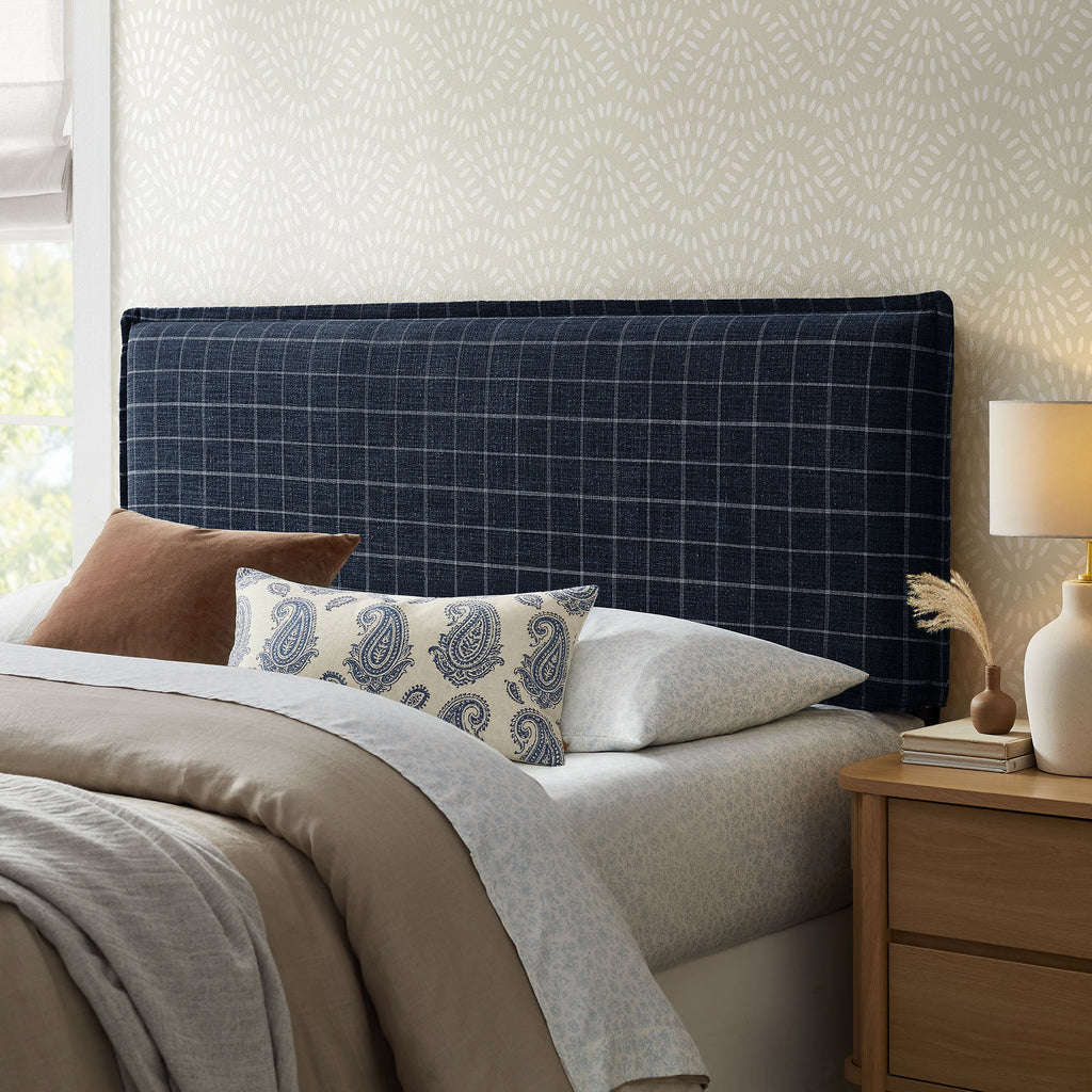 Camille Checkered Linen Blend King Size Headboard - Denim Windowpane Check