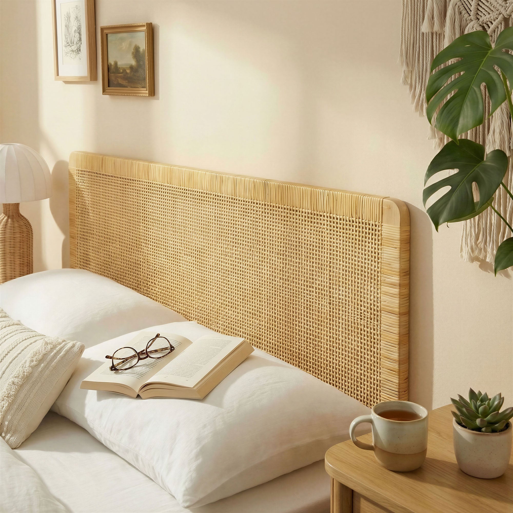 Sandy Wall Mounted Wood and Rattan King Size Headboard - Natural Rattan