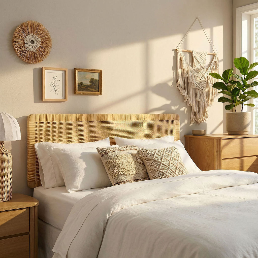 Sandy Wall Mounted Wood and Rattan King Size Headboard - Natural Rattan