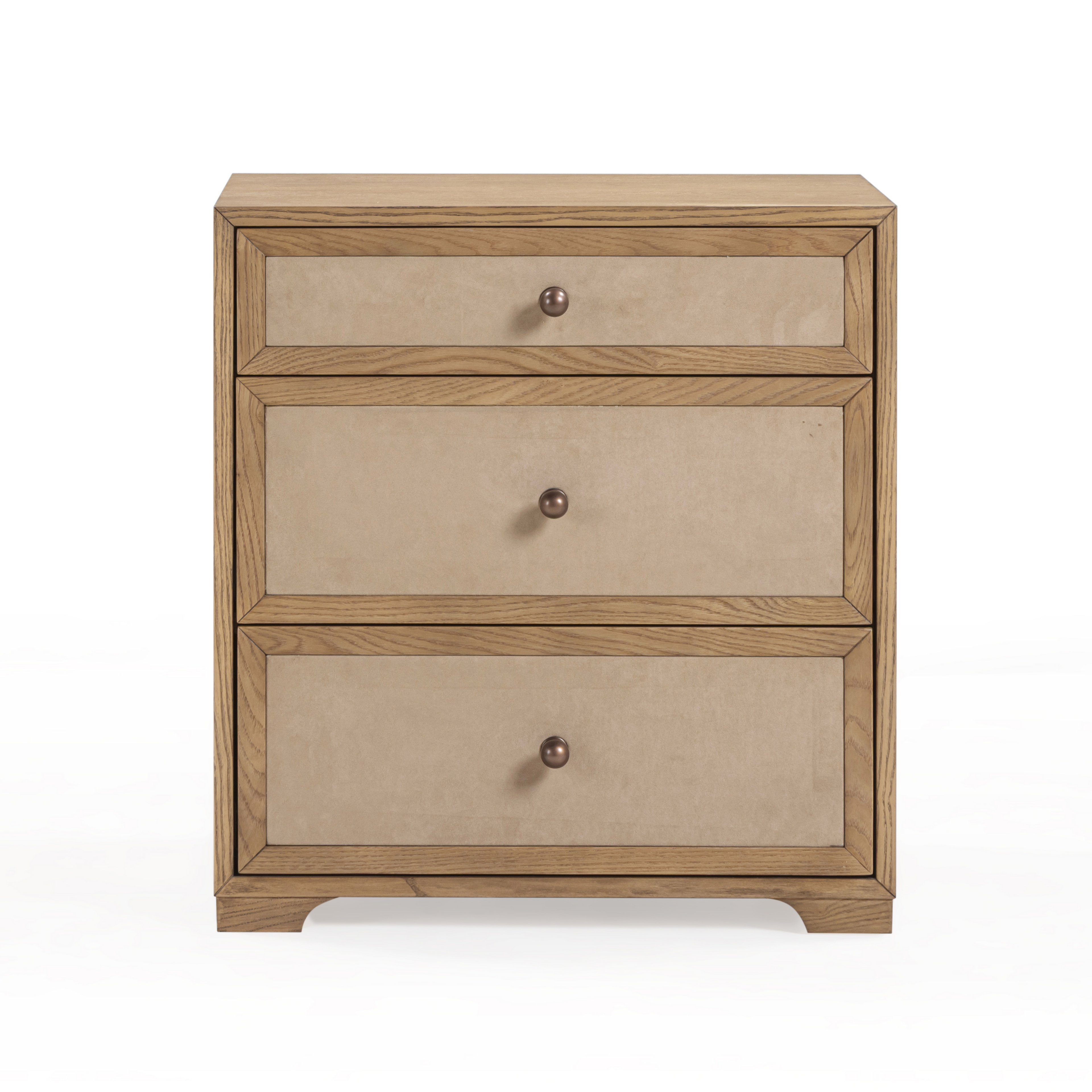 Laurentis 23.5" Light Taupe Suede and Wood 3-Drawer Nightstand