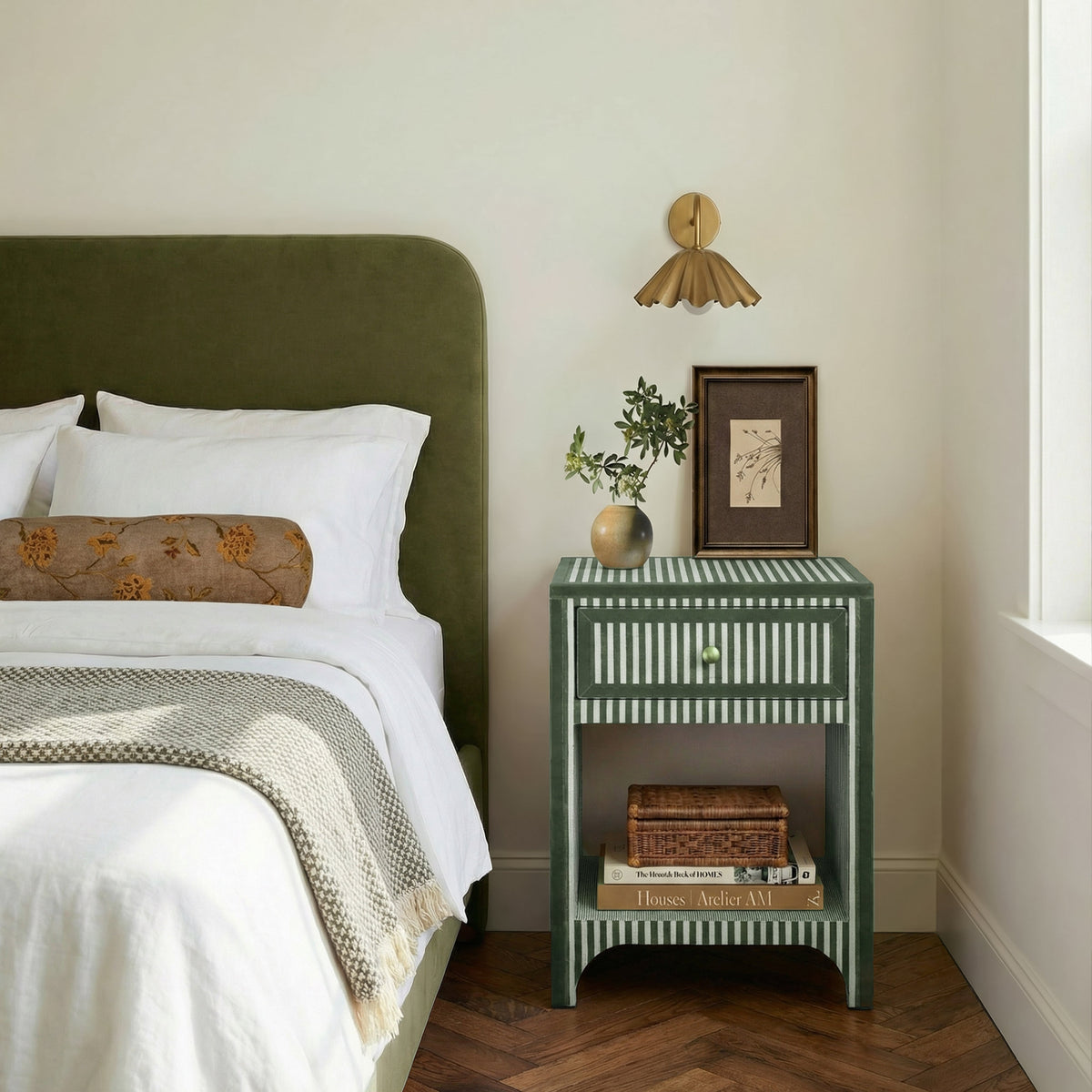 Kora 18" Cotton Jute 1-Drawer Contract-Grade Nightstand — Green Stripes null
