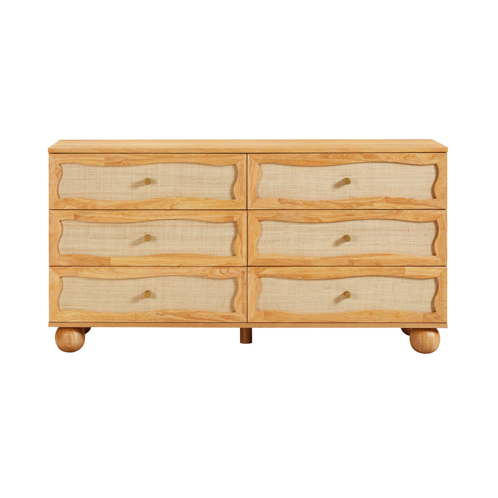 Grappa 62" Natural Wood &amp; Raffia Wavy 6-Drawer Dresser