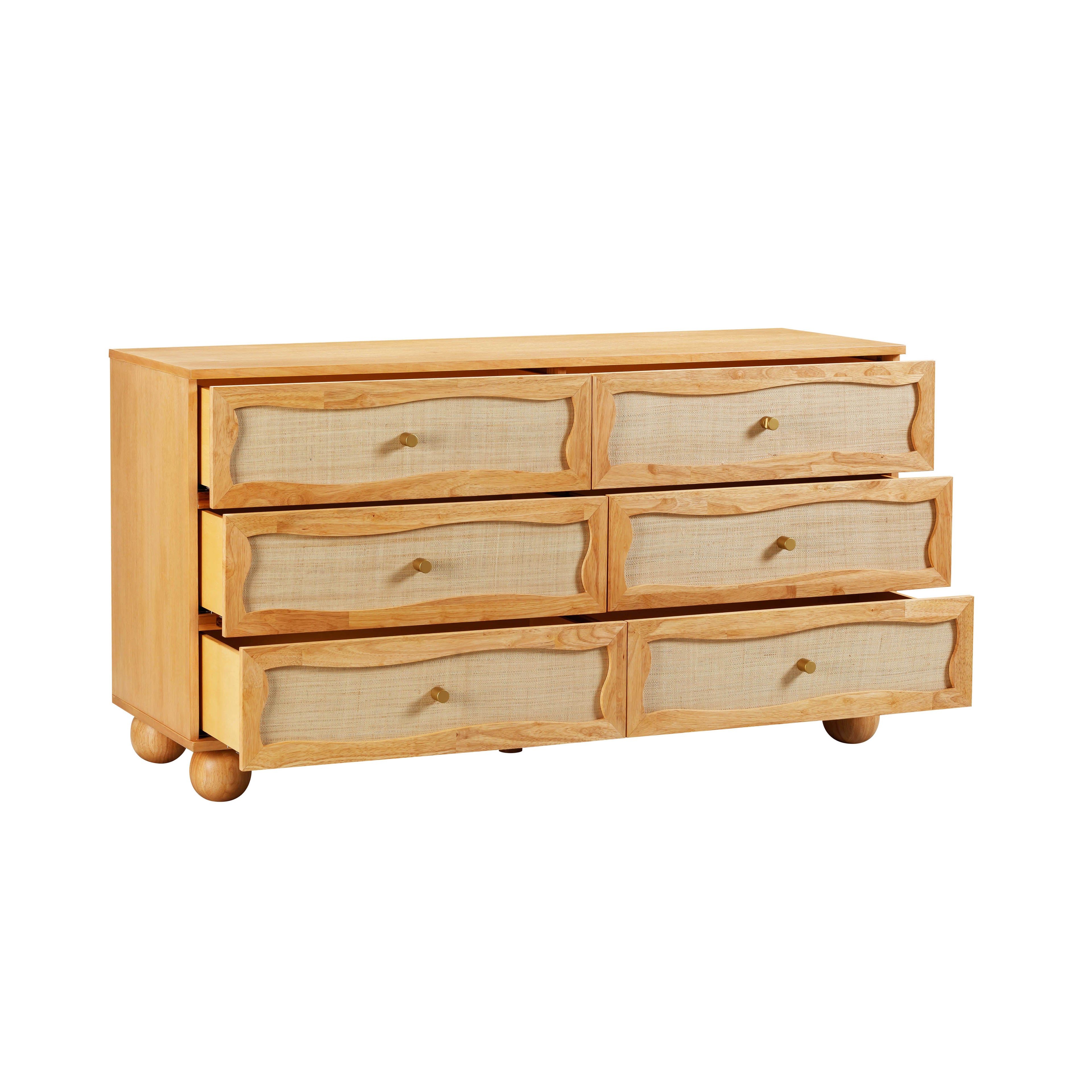 Grappa 62" Natural Wood &amp; Raffia Wavy 6-Drawer Dresser