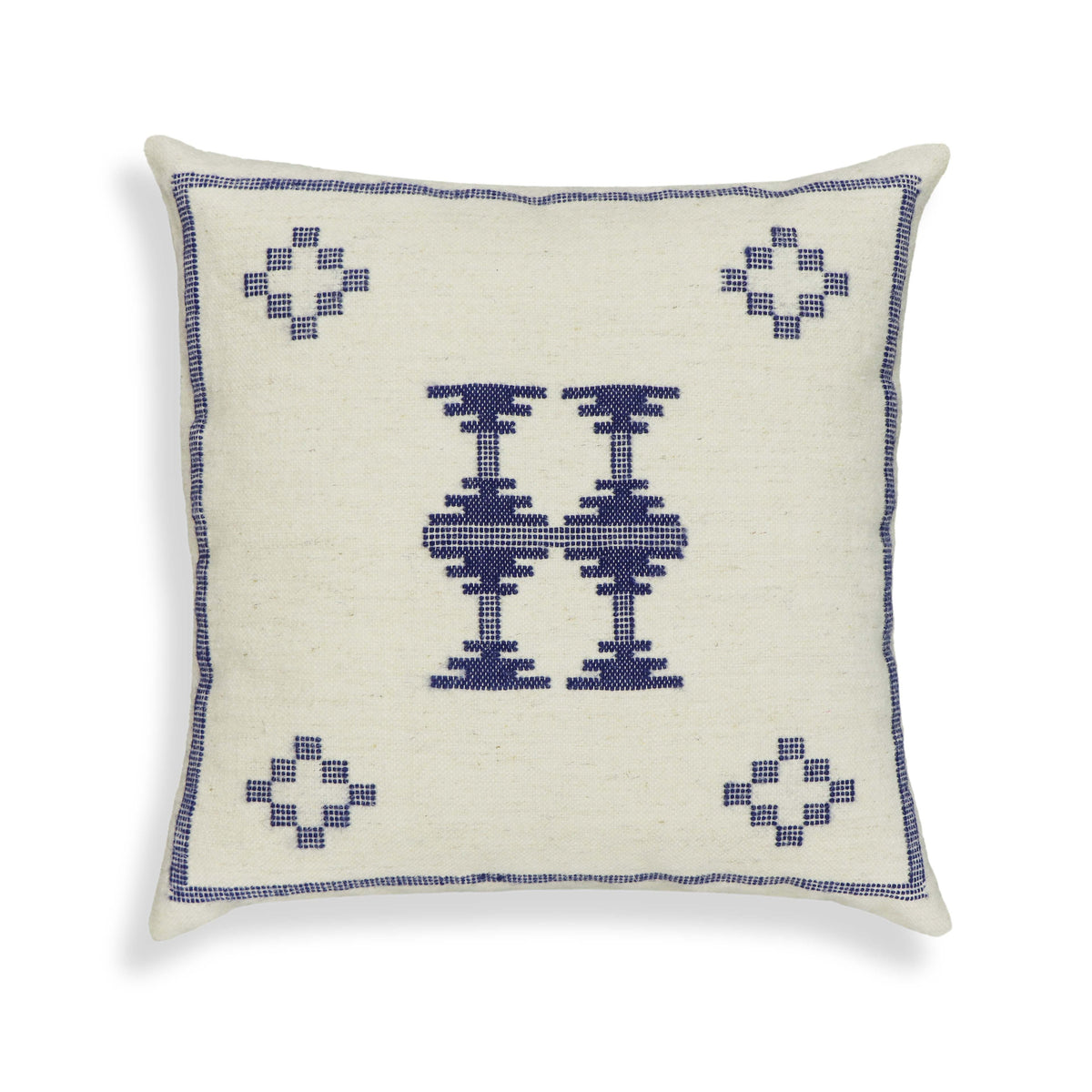 Aztec 20" Cream &amp; Indigo Wool Square Throw Pillow Cover