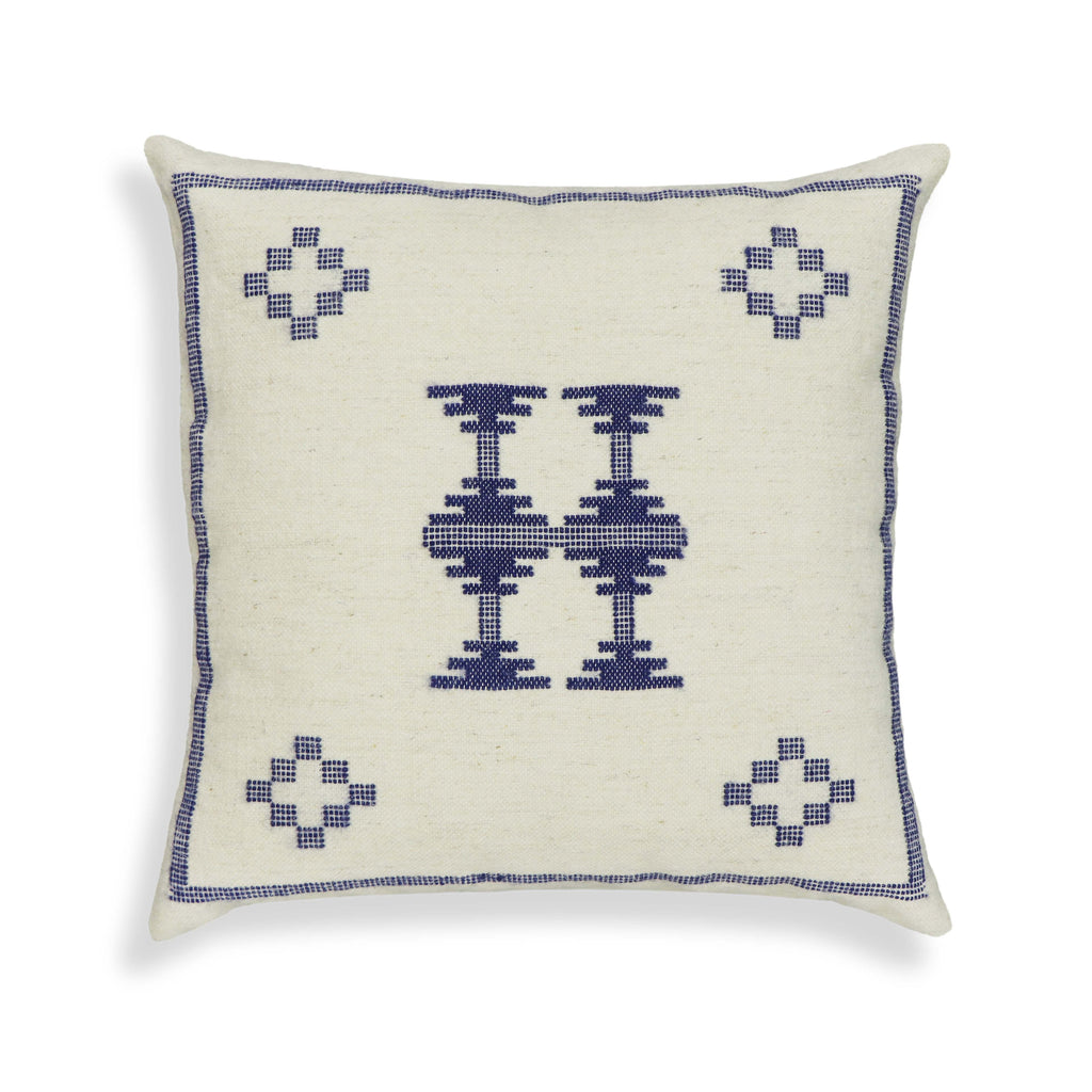 Aztec 20" Cream &amp; Indigo Wool Square Throw Pillow Cover