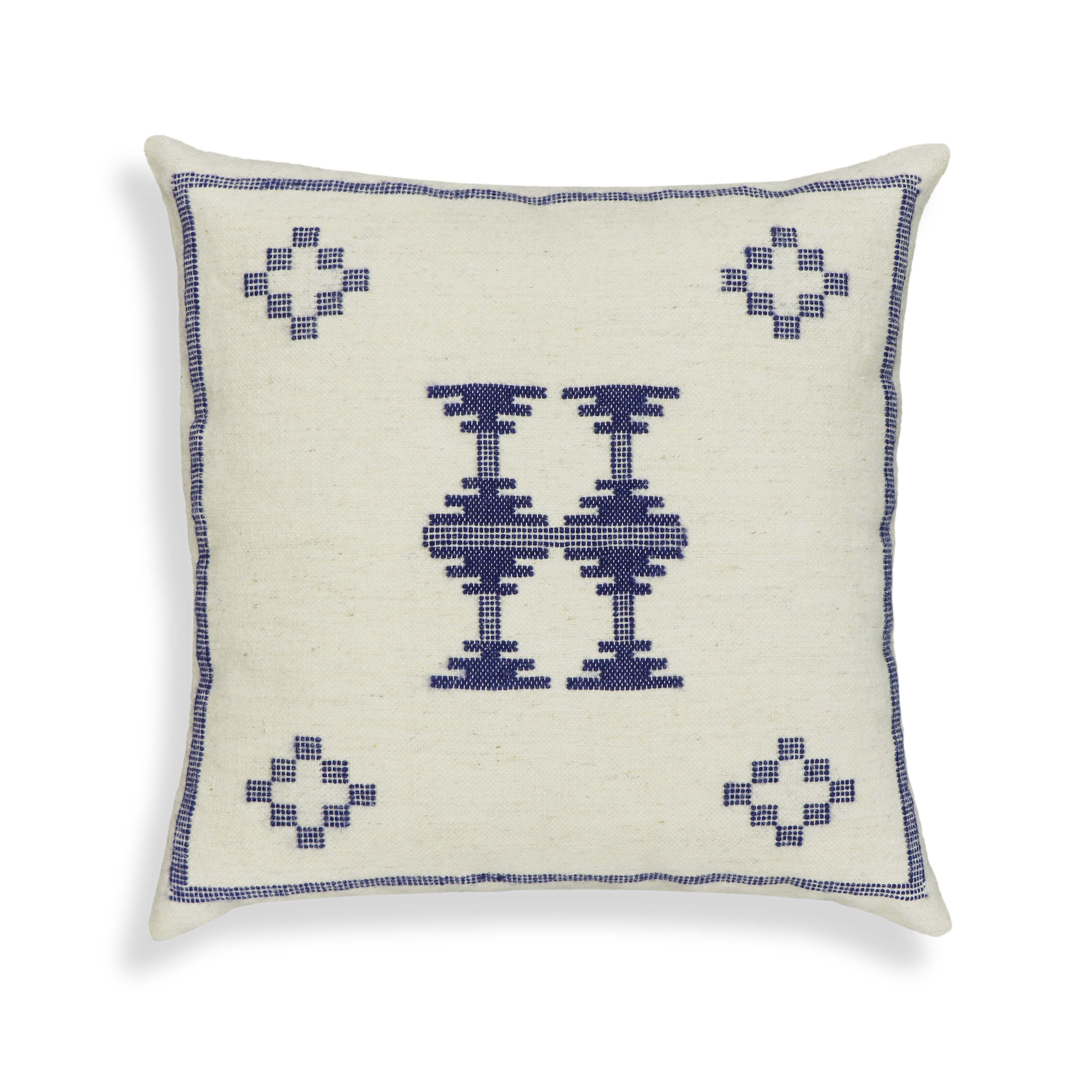 Aztec 20" Cream &amp; Indigo Wool Square Throw Pillow Cover