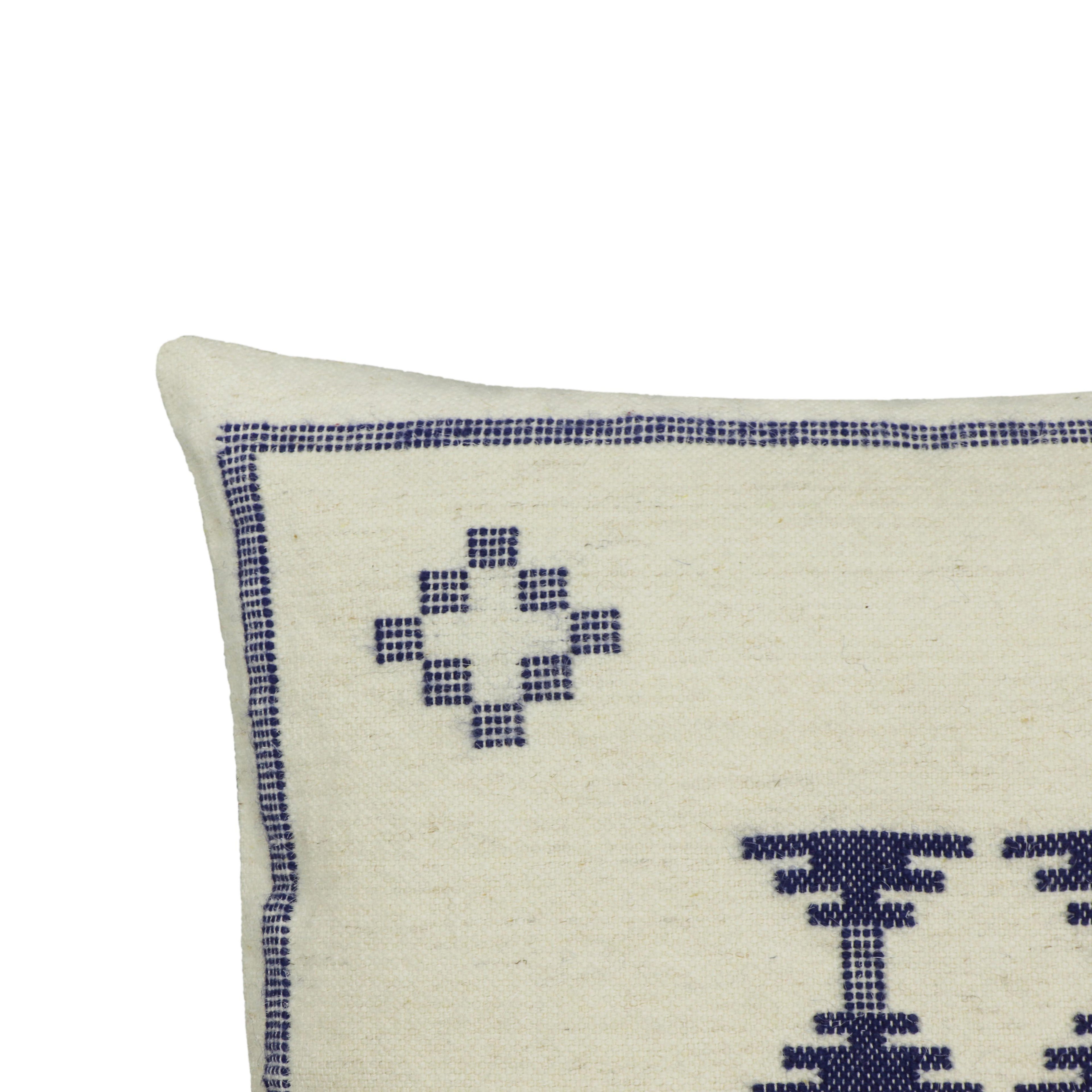 Aztec 20" Cream &amp; Indigo Wool Square Throw Pillow Cover