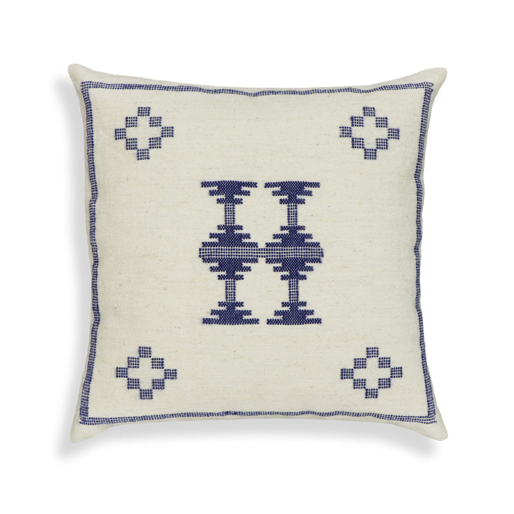 Aztec 20" Cream &amp; Indigo Wool Square Throw Pillow Cover