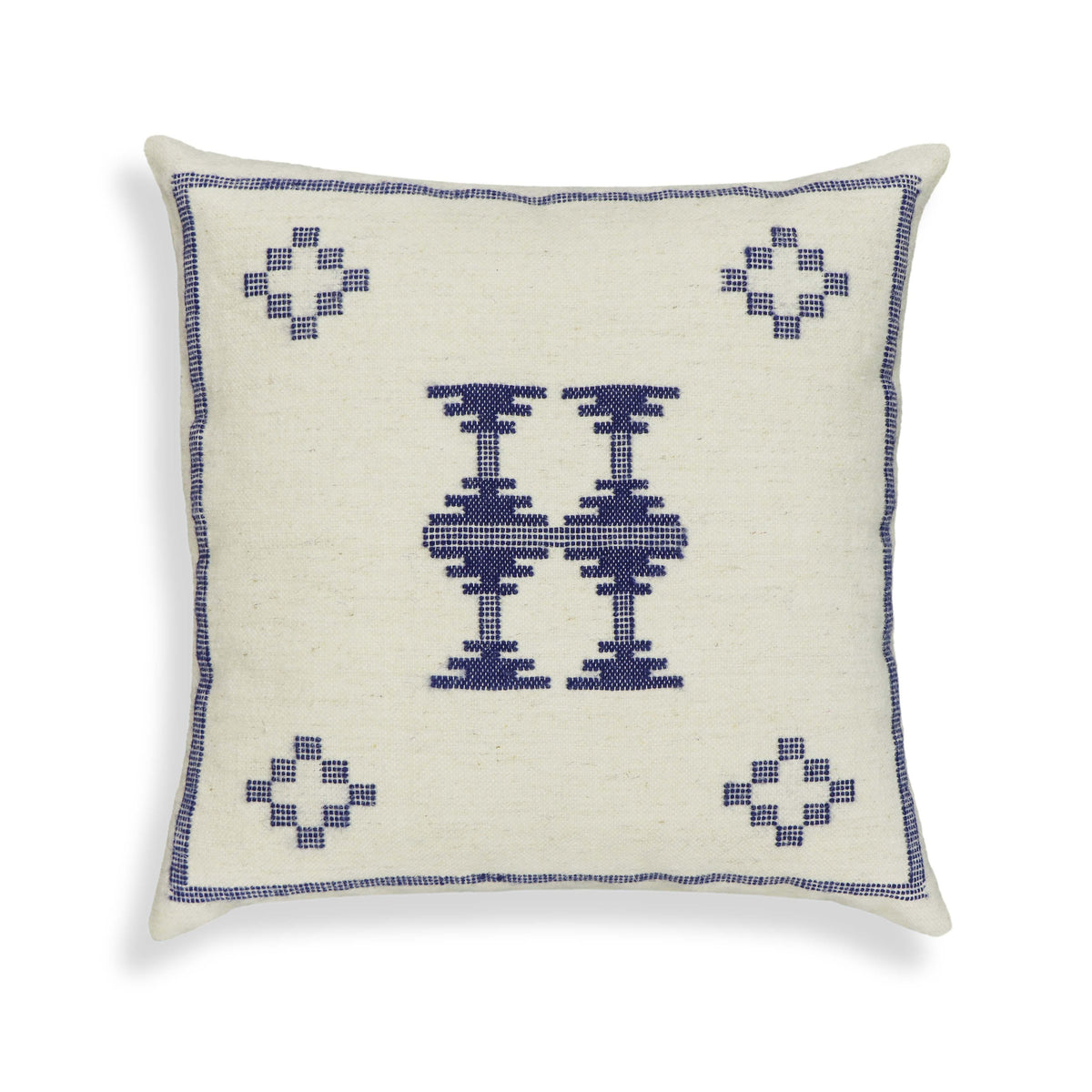 Aztec 20" Cream &amp; Indigo Wool Square Throw Pillow Cover