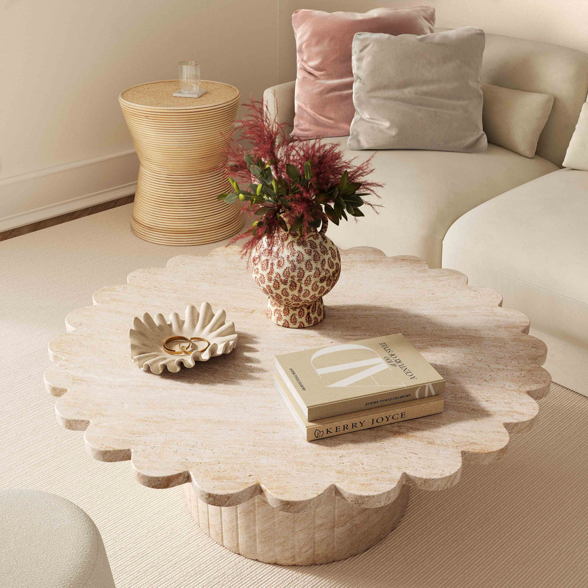 Blossom 36" Washed Faux Travertine Finish Indoor/Outdoor Round Coffee Table
